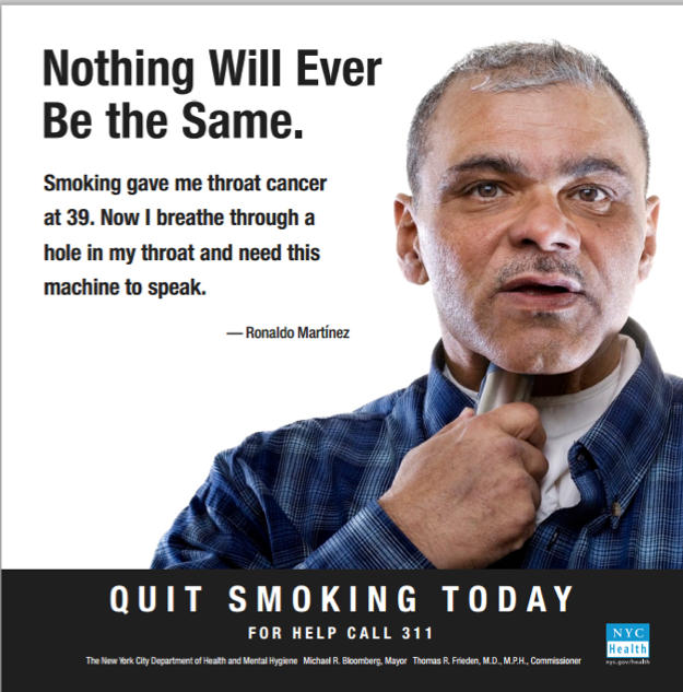 an advertisement showing a man shoving a device into his throat, having to do so as a result of a medical condition.